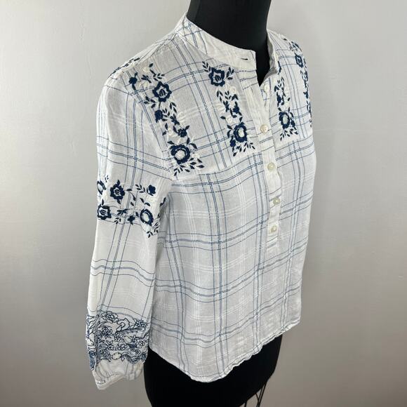 VERO MODA White & Blue Estella Long Sleeve Check Embroidered Top Popover S - Picture 4 of 7